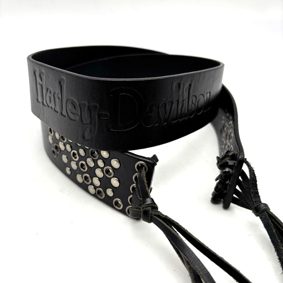 2004 Harley Davidson Black Genuine Leather Studded Logo Tassel Belt L 36.5-56.5\